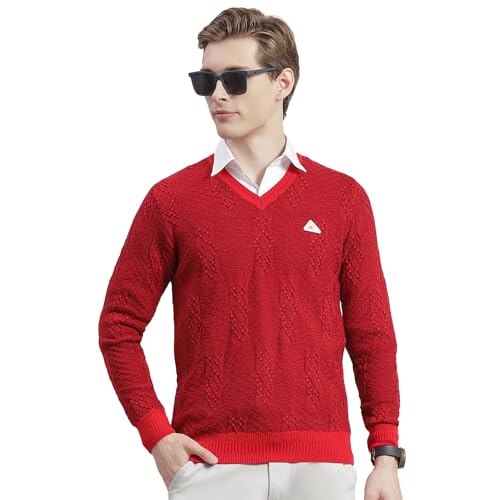 Monte Carlo Blood Red Self Design V Neck Sweater | Warm Woolen Pullover for Men | Soft Comfortable Knitted Winter Wear Sweater for Men's
