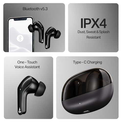 boAt Airdopes Plus 311, Glass Design, ENx Tech, Fast Charge, 50 Hrs Battery, Stream Ad Free Music via App Support Bluetooth Earbuds, TWS Ear Buds Wireless Earphones with mic (Charcoal Black)