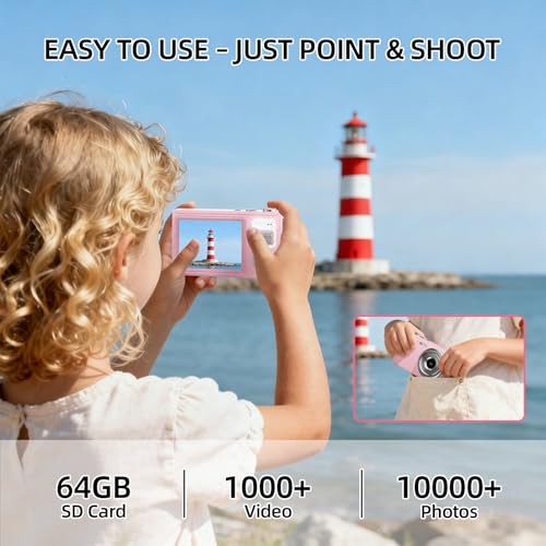 Digital Camera for Kids & Beginners, 4K Digital Camera with 64GB SD Card 16X Zoom Anti-Shake, Compact Point and Shoot Camera with 2.8" Screen, Portable Small Camera for Students, Travel & Gifts Pink