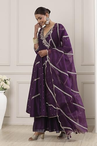 Biba Women Purple Chanderi Silk Anarkali Suit Set_36