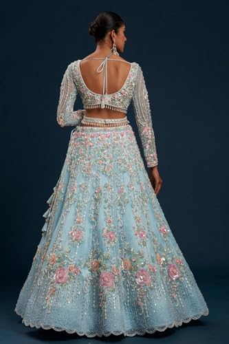 Women's Sky Blue Net Panel Style Reception Lehenga