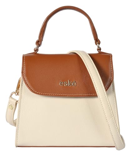 eske Viviana Colorblocked Pattern Genuine Leather Women Flap Satchel (Cognac Vanilla)