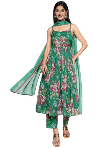 W for Woman Green Printed Chiffon Flared Kurta, Straight Pant and Dupatta Set (Size: XXL)-WS12960-125864