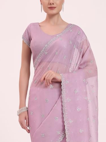 FIORRA Women's Lavender Organza Crushed Siroski Work Embellished Border Saree With Unstitched Blouse