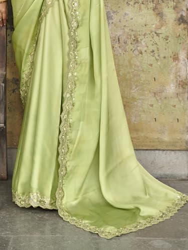 Zeel Clothing Women's Lime Green Embellished Embroidered Satin Saree with Blouse (ZURI-1106-Lime-Green-Sarees-For-Womens, Lime Green)