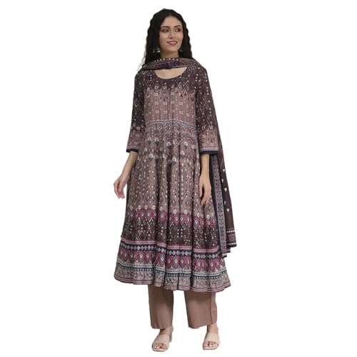 Biba Women Mud Brown Cotton Anarkali Printed Kurta Set_42