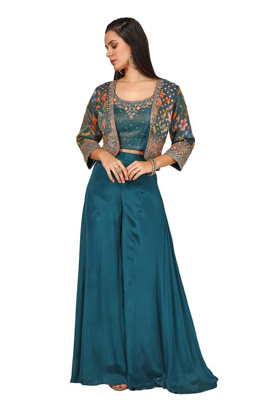 Soch Womens Teal Tissue Embroidered Co-Ord Set With Sequins