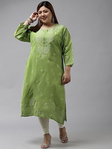 Ada Indian Hand Embroidered Chikankari Straight Cotton Kurta Kurti Tunic for Women A208470, Green, Medium