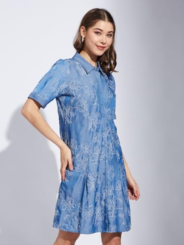 Latin Quarters Women Blue Collar Neck Half Sleeve Printed Shirt Dress_L