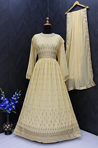 RUDRAPRAYAG Georgette Embroidered Semi-Stitched Gown for Women Yellow