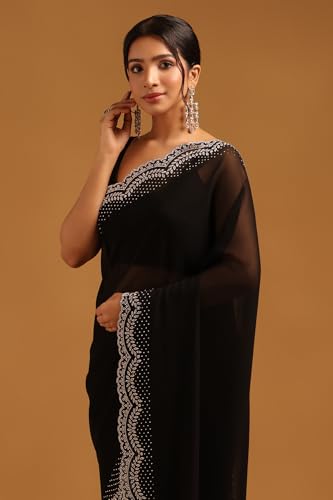 Soch Womens Black Georgette Saree With Stone Work