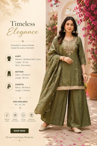 Women's Silk Blend Embroidered Straight Kurta Set With Palazzo And Dupatta