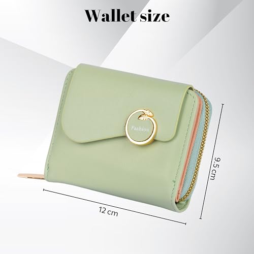 PRANIJ Small Leather Bifold Wallet for Women Fashion Compact Slim Credit Card Holder with Zipper Coin Pocket, Mini Clutch Purse for Girls (Pale Green)