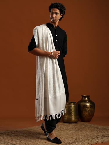 tweedle Wool Blend White Tone to Tone Matka Pattern Stole/Scarf/Muffler for Male with Stone Work for Winters