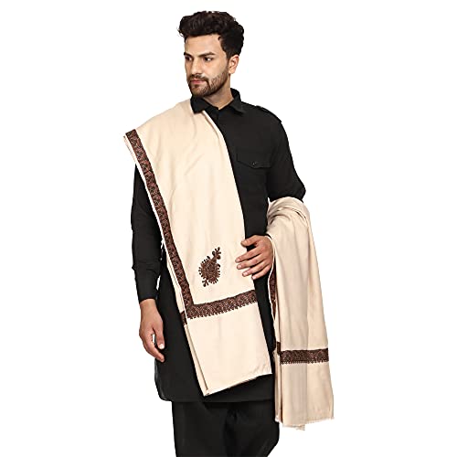 SWI WITH LABEL Men's Kashmiri Embroidered Wool Shawl (GC113_Beige_Free Size)