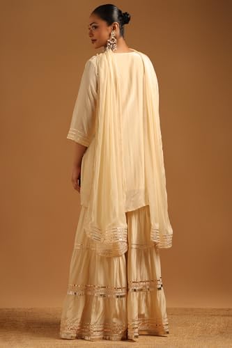 Soch Womens Cream Tissue Floral Printed Salwar Suit With Mirror Work