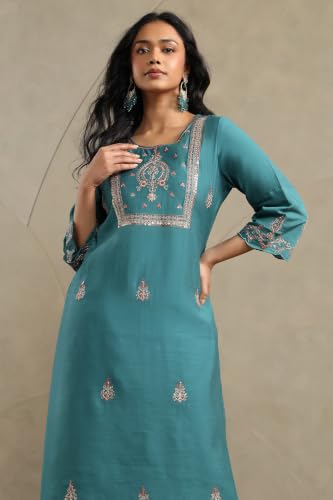 Soch Womens Turquoise Blue Chanderi Ethnic Motifs Zari Embroidered Kurta Set With Sequins