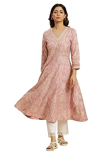 W for Woman Pink Floral Foil Printed Flared Kurta (Size: 2XL)-23AUW19799-119500