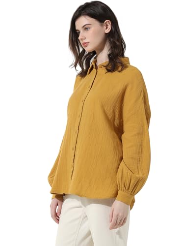 ONLY Women Solid Cotton Oversized Fit Yellow Shirt