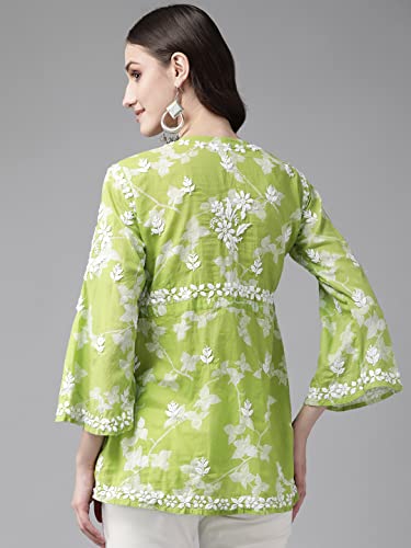 Ada Lucknow Chikankari Hand Embroidered Cotton Blend Green Short Kurti Top Tunic for Women A911269 (3XL)