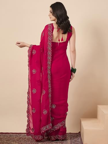AKHILAM Women's Pink Tissue Embellished Saree With Unstitched Blouse Piece (KRIYNS4701_KH)