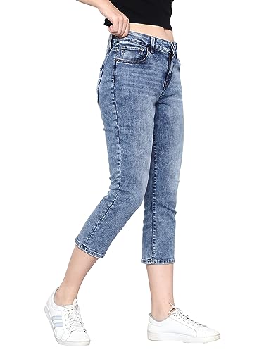 HAPPENING Plus Size Women -Curvy Slim Fit Stretch Denim Capri/Cropped Jeans- MID Rise -Above Ankle-Faded Mid Blue- Waist Size 30(M) to 48(8XL) inch (in, Numeric, 42, Faded Mid Blue)