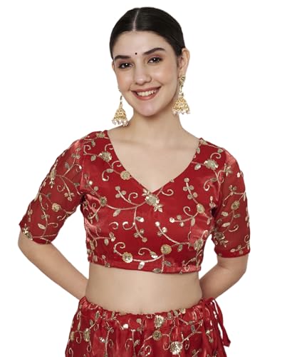 studio rasa Women's Organza Embroidered Readymade Blouse for Festive Wedding Party (TPWC725BL76XL_Red_X-Large)