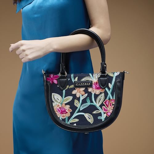 Caprese Elsa Medium Satchel Bag for Women with Adjustable & Detachable Strap | Elegant Embroidery Faux Leather Handbag | Multi-Compartment Crossbody Shoulder Bag for Special Occasions (Black)