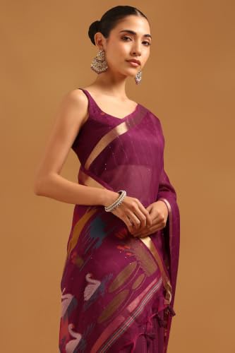 Soch Womens Wine Organza Woven Design Saree With Sequin