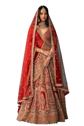 Women's Crimson Red Umbrella Style Silk Bridal Lehenga