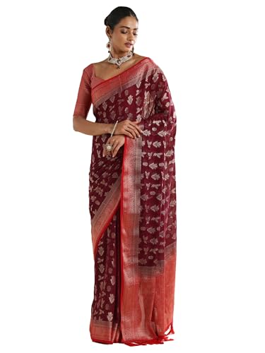 AKHILAM Women's Maroon Georgette Floral Printed Saree With Unstitched Blouse Piece (66ALEKHA6601_NV)