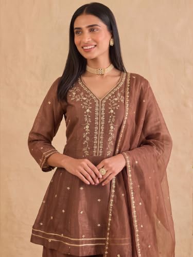 Varanga embroidered brown kurta set with palazzo and dupatta.