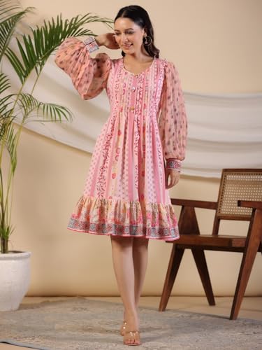 Juniper Pink Wonderland Floral Printed Pure Cotton Midi Dress with Pintucks & 3D Handwork for Women