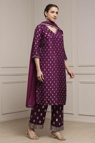 Biba Women Purple Viscose Gathered Yarndyed Suit Set_42