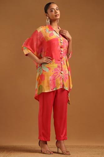 Soch Womens Pink Chinon Botanical Kaftan Suit With Hand Embroidery and Bead Details