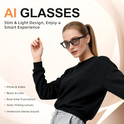 Stormfashion AI Smart Glasses with Camera & Bluetooth, 8MP HD Video Recording, Auto-Tinting Lenses, Open Ear Speakers, Real-Time Translation, for iOS/Android (Clear)