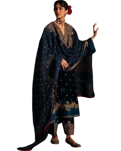 Brulry Women's Velvet Embroidered Teal Straight Kurta Suit Set with Pant and Dupatta