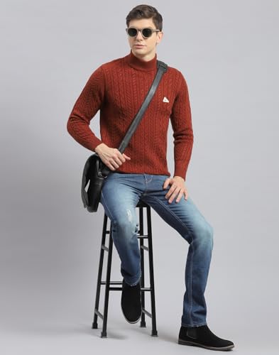 Monte Carlo Leather Brown Self Design T Neck Pullover | Warm Woolen Pullover for Men | Soft Comfortable Knitted Winter Wear Sweater for Men's