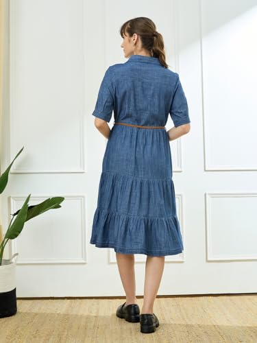 Latin Quarters Women's Blue Half Sleeves Collar Neck Casual Solid Dress_L