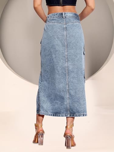 Dolce Crudo Women's Flared High-Rise Stretchable Denim Maxi Skirt (DOSS24DEN79-05-329-38, Steel Blue, 3XL)