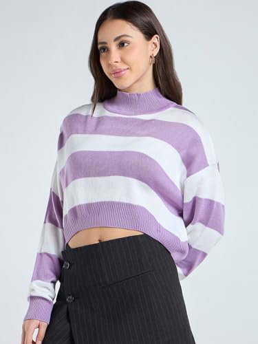 Bewakoof Women's Striped Oversized Fit Full Sleeve Round Neck Acrylic Sweater_680214_White_M