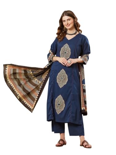 Divena Pink Ajrakh Print Cotton V-Neck Kurta Sets with Dupatta