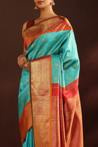 Taneira Women Blue Woven Pure Silk Kanjivaram Saree With Unstitched Blouse Piece (SHH08D00118-Light Blue)