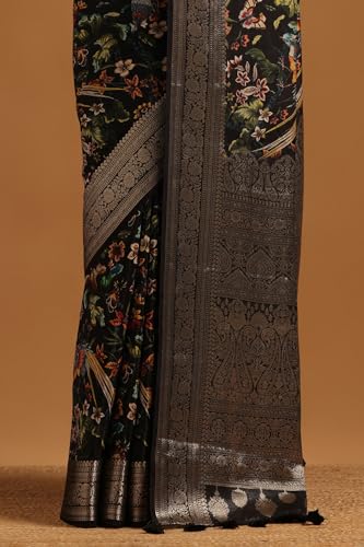 Soch Womens Black Silk Blend Botanical Saree With Zari Woven