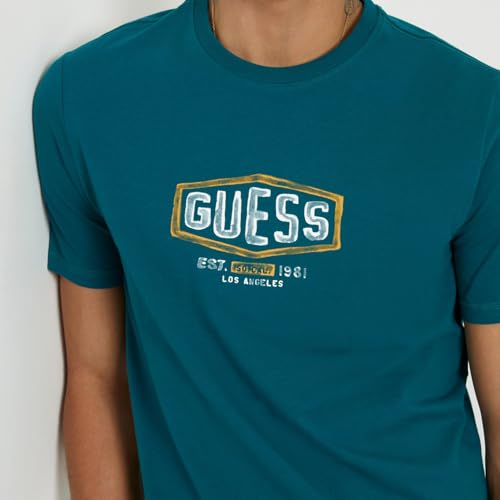 GUESS Men Teal Printed Round Neck Short Sleeves T-Shirt