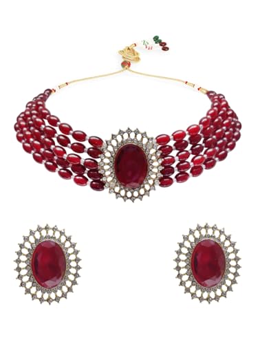 OOMPH Jewellery Maroon Beads Multi Layer Ethnic Choker Necklace Set with Large Stud Earrings for Women & Girls Stylish Latest (GOSET143_Z)- For Women & Girls Stylish Latest