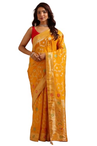 Soch Womens Yellow Crepe Botanical Zari Woven Saree