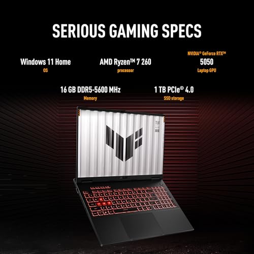 ASUS TUF A16 (2026), AMD Ryzen 7 260, RTX 5050-8GB, 16GB RAM, 1TB SSD, FHD+, 16", (40 cm), Windows 11 Home, M365 Basic(1 Year)* Office 2024, Jaeger Gray, 2.2 Kg, FA608UH-RV112WS, Gaming Laptop