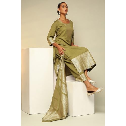 Rangriti Women Green Acrylic Straight Yarn Dyed Kurta Palazzo Suit Set_38