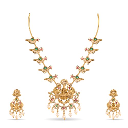 ZYRA JEWELS South Indian Temple Jewellery Necklace Set with Earrings, Peacock & Lakshmi Design, Antique Gold Plated, AD, Zircon & Pearl Studded Traditional Bridal Jewellery for Women & Girls